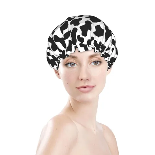 Vista 3 de Gorro de ducha de granja de animales abstractos de piel de vaca en blanco y negro para mujer, doble capa impermeable ajustable, gorra de baño
