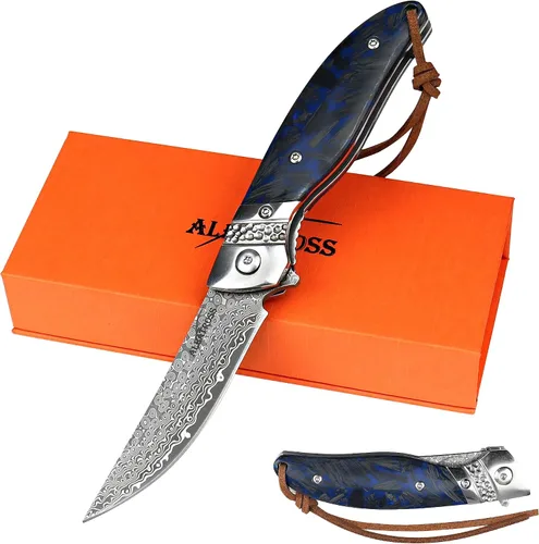 Vista 8 de Albatross Cuchillo de Bolsillo Premium de Damasco - Cuchillo Plegable EDC con Mango de Concha de Abalone, Apertura con Rodamientos de Bola, Sistema