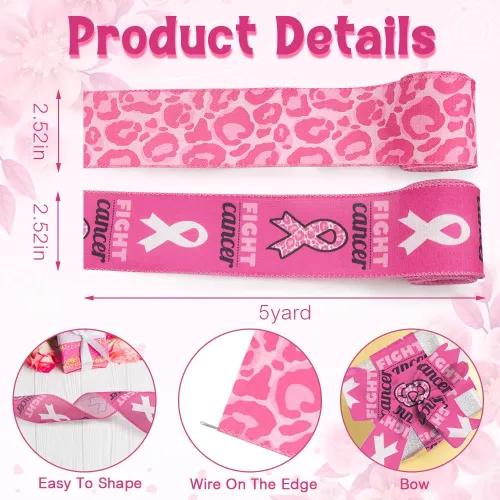 Vista 2 de Threetols 2 rollos de cintas de 10 yardas con alambre para concientización sobre el cáncer de mama, cinta de concientización de leopardo rosa
