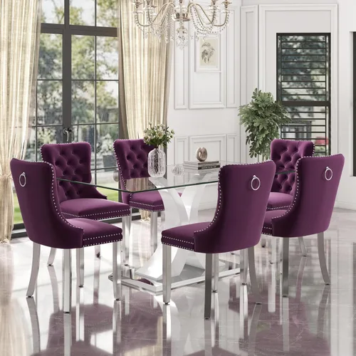 Vista 24 de Juego de comedor de cristal moderno de lujo de 7 piezas, juego de cena rectangular minimalista grande para 6, mesa de cocina de cristal transparente