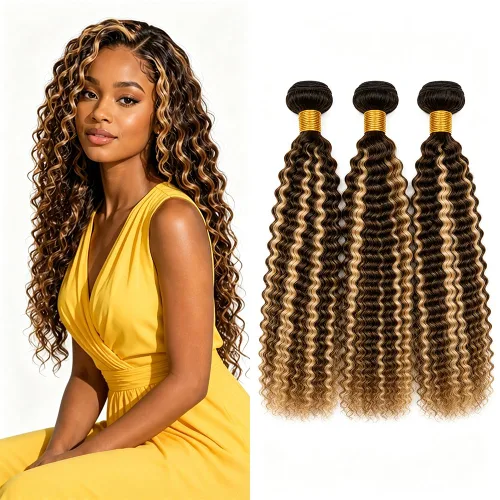 Vista 296 de P4613 Cabello humano rizado onda profunda marrón y paquetes mixtos 8 10 12 P4613 Ombre Marrón-Rubio-DP
