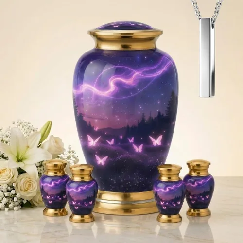 Vista 7 de Juego de 6 urnas de cremación decorativas personalizadas con diseño de mariposa azul para cenizas humanas, incluye 1 urna grande para cenizas