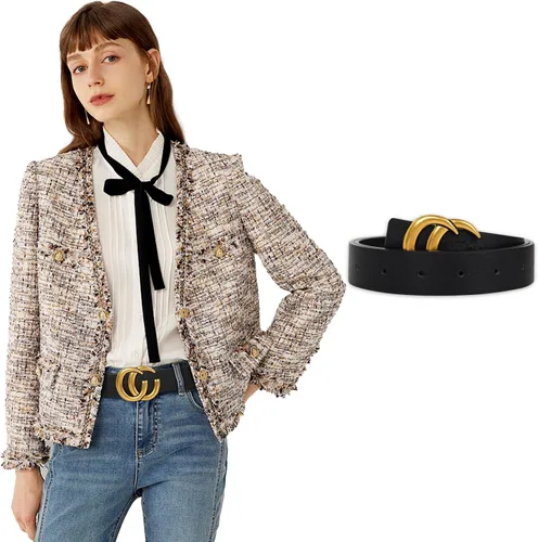 Vista 290 de Cinturón de cuero clásico con hebilla de metal para mujer con vestido de jeans