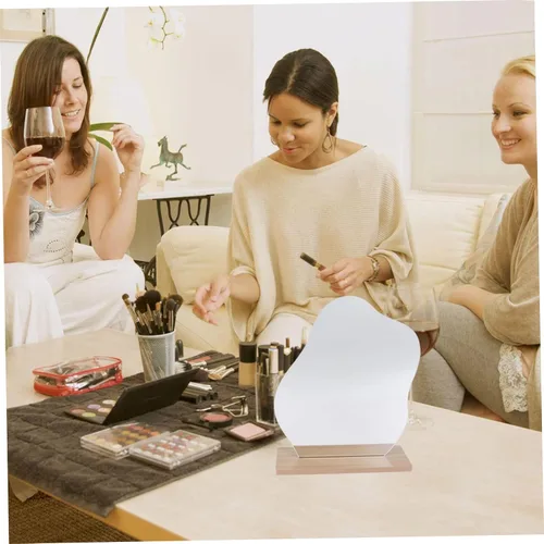 Vista 7 de Espejo de maquillaje de escritorio irregular con soporte, espejo de tocador plateado estético para mujer, diseño compacto con función de aumento