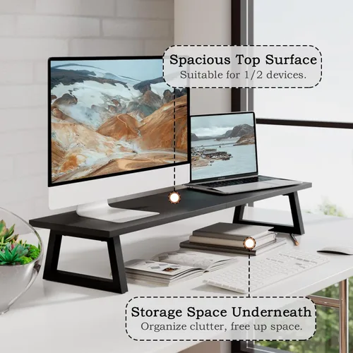 Vista 3 de TEAMIX Elevador de monitor doble de 31.5 pulgadas, soporte largo negro para monitor, soporte de TV ancho para 2 monitores, soporte de escritorio