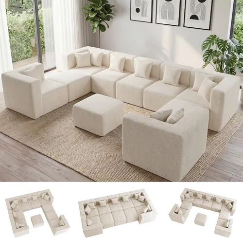 Vista 19 de MONVANE Sofá seccional deshuesado en forma de L de gran tamaño, chenilla Chenille-beige