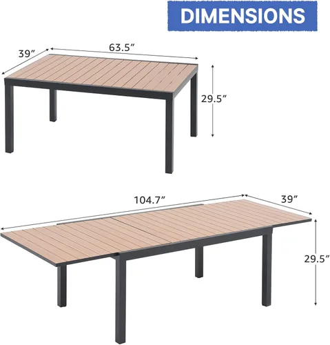 Vista 3 de Soleil Jardin Mesa de Comedor Extensible de Aluminio para Patio, 63" - 105", Mesa Rectangular Ajustable para Interiores y Exteriores con Superficie