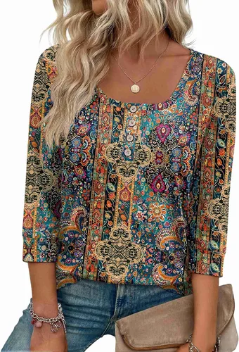 Vista 2 de Ekouaer Blusas de manga 3/4 para mujer, blusas casuales elegantes para Marrón Bohemian-mz721