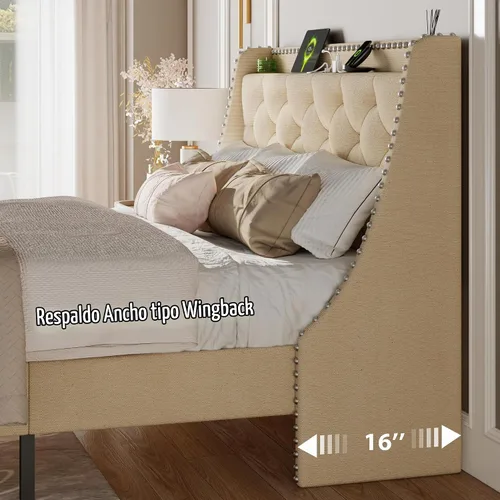 Vista 4 de Feonase - Base de cama tamaño completo con respaldo de alas de lujo y estación de carga rápida, base de cama tapizada con botones y cabecera