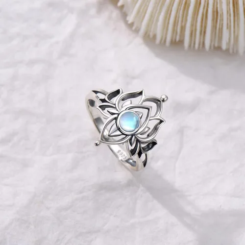 Vista 5 de SCZKLAQ Moonstone Lotus Rings for Women,925 Sterling Silver Lotus Flower Band Ring,Yoga Spiritual Jewelry Gifts for Women Mom Girls Daughter