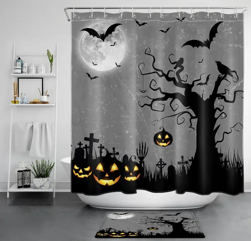 Vista 10 de EOBTAIN Cortina de ducha de cielo nocturno azul de Halloween para baño, espeluznante calabaza y murciélago en árbol muerto en cementerio aterrador