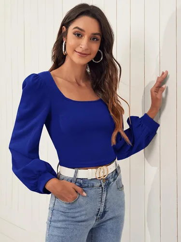 Vista 4 de Floerns Camiseta corta casual de manga larga con cuello cuadrado para mujer