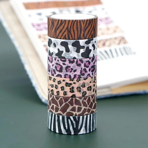 Vista 5 de MOZXIRZ 6 rollos de cinta washi con estampado de leopardo, vacas y guepardos, cebra, cinta adhesiva, calcomanías adhesivas para manualidades