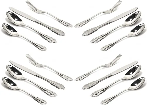 Vista 14 de Juego de cubiertos de 4 piezas, cubiertos de acero inoxidable 18/10, incluye cuchillo, tenedor, cuchara, cuchara de té, pulido con espejo, apto