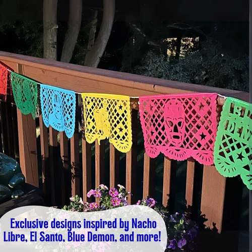 Vista 6 de Papel Picado de 16 pies, pancarta mexicana, pancarta de plástico Lucha Libre, decoraciones de pancarta mexicana, suministros de fiesta de Luchador
