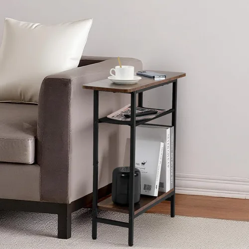 Vista 7 de Mesa auxiliar estrecha para sala de estar, mesa auxiliar delgada de 3 niveles con mesa de almacenamiento amplia, mesa de sofá delgada para espacios