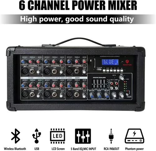 Vista 2 de EXOTON S-1202 Sistema PA Bluetooth de 12 pulgadas con juego de mezclador eléctrico, altavoces pasivos con mezclador de 6 canales, soportes