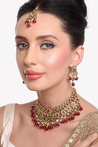Vista 3 de Efulgenz Indian Jewelry Choker Necklace Maang Tikka Earrings Bollywood Wedding Crystal Kundan Necklace Earrings Head Chain Set
