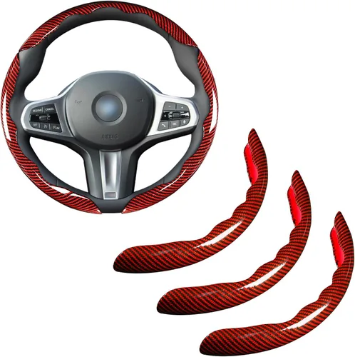 Vista 13 de Juego de fundas para volante de automóvil, funda de fibra de carbono brillante, antideslizante, 3 piezas, accesorios para volante de 14.5-15 negro