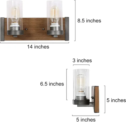 Vista 4 de LOG BARN Lámparas rústicas de baño, 2 luces de tocador de granja para baño con pantalla de vidrio texturizado transparente, luces de iluminación