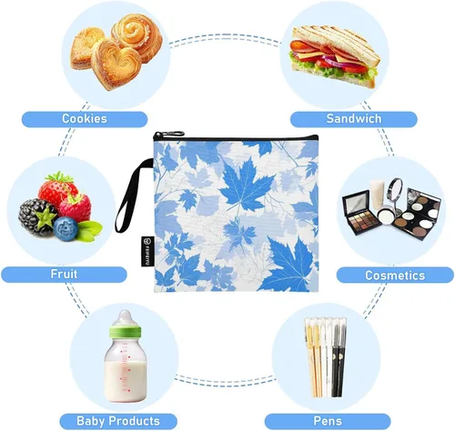 Vista 5 de Blue Elegant Romantic Maple Leaf 3 piezas reutilizables para sándwiches y aperitivos, bolsa de maquillaje multiusos para aperitivos, bolsa