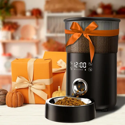 Vista 5 de Comedero automático para gatos, comedero automático para mascotas de 4 litros para gatos y perros pequeños, dispensador de alimentos secos con negro