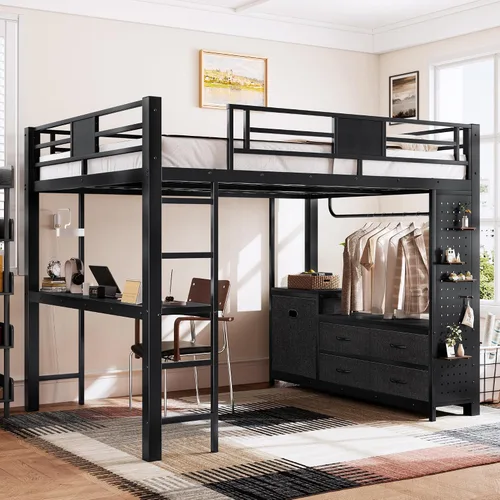Vista 3 de Cama alta de metal tamaño Queen con escritorio, cajones de almacenamiento y poste de tendedero, marco de cama alta resistente con tablero de Negro