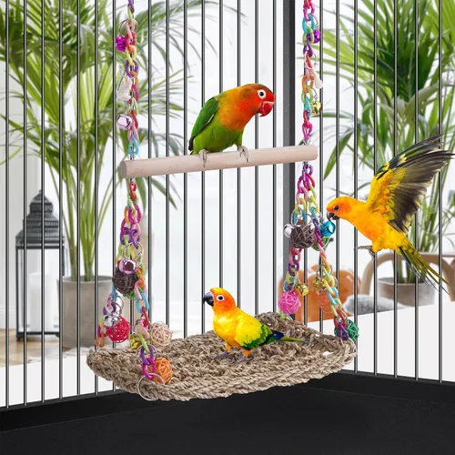 Vista 2 de FrgKbTm Juguetes de columpio para pájaros con perca de madera, plataforma de loro tejida de hierba marina, hamaca colgante para pájaros, soporte