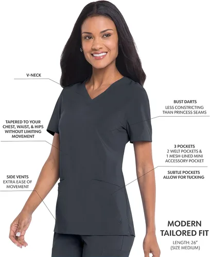 Vista 2 de Landau Womens Plus Size Urbane Performance Tailored Fit Super Stretch 3-Pocket Scrub Top 9015