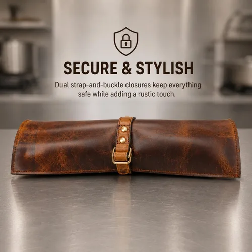 Vista 5 de Tolredo - Estuche de piel de búfalo para cuchillos de chef, 6 ranuras y 1 bolsillo con cremallera para almacenamiento culinario, bolsa portátil