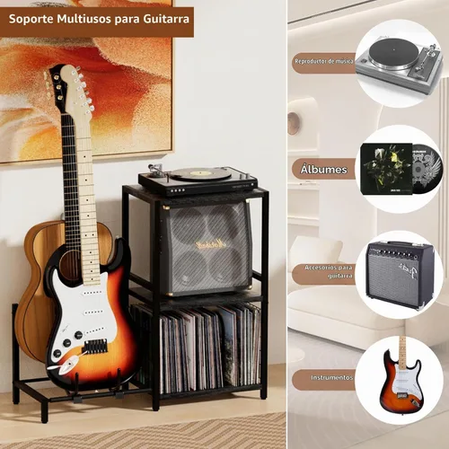 Vista 4 de YAKANJ Mesa Auxiliar con Soporte para Guitarra, Soporte para Tocadiscos, Almacenamiento para Discos de Vinilo, Soporte de 2 Niveles para Guitarra