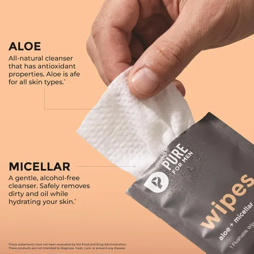 Vista 5 de Pure for Men Toallitas desechables Ayuda a eliminar el olor, 100% biodegradables, sin parabenos ni alcohol Vitamina E, micelar y aloe vera