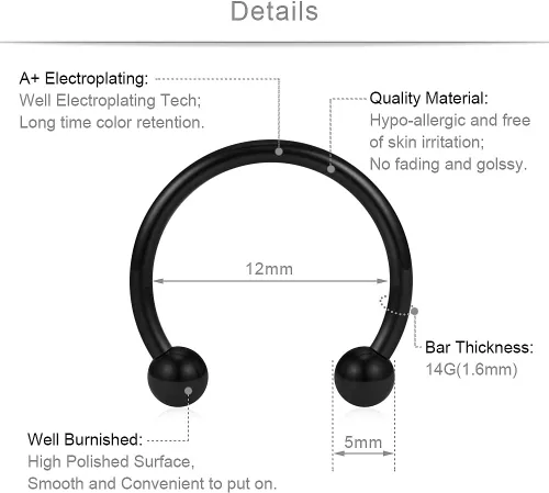 Vista 2 de SCERRING 8 piezas de acero inoxidable 16G nariz tabique herradura arete ceja septum labio hélix tragus piercing anillo 0.236-0.472 in