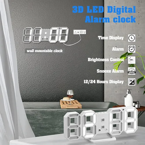 Vista 11 de Reloj despertador de pared digital LED 3D, 9.5 pulgadas, 3 brillos de 12/24 horas, color blanco