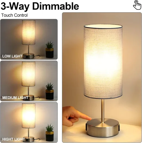 Vista 4 de Yarra-Decor Lámpara de noche mejorada con puertos de carga USB A+C y salida de CA, lámpara de mesa de control táctil para dormitorio, lámpara de Gris