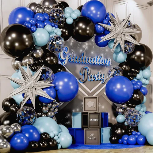 Vista 2 de Kit de arco de globos todo en uno azul y negro con estrella fugaz de bonificación – Globos plateados negros azules pequeños y grandes – Decoraciones
