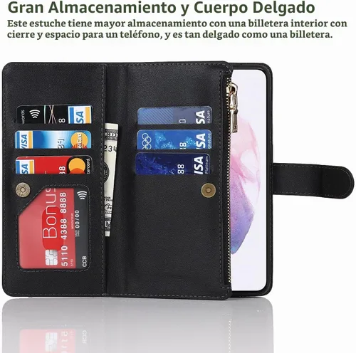Vista 4 de iCoverCase para Samsung Galaxy S21 Funda tipo cartera con soporte para tarjetas, funda de cuero sintético con función de soporte, cierre magnético