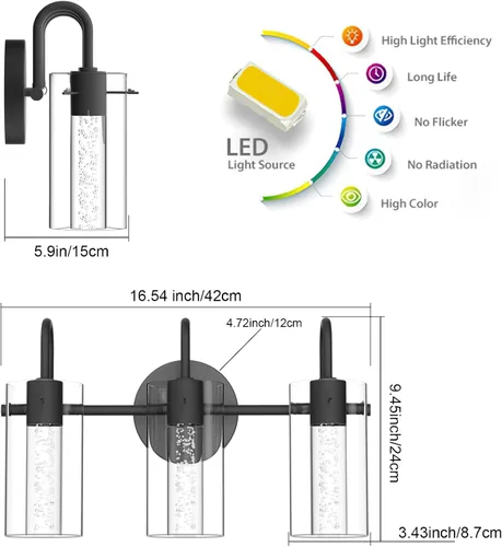 Vista 7 de Aipsun Lámparas de baño, luces negras de tocador con cristal de burbujas, 3 luces LED modernas, accesorios de iluminación de pared de baño sobre