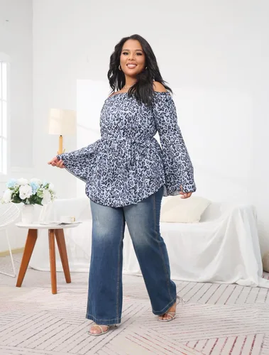 Vista 6 de Floerns Blusa peplum de manga larga con hombros descubiertos para mujer, talla grande