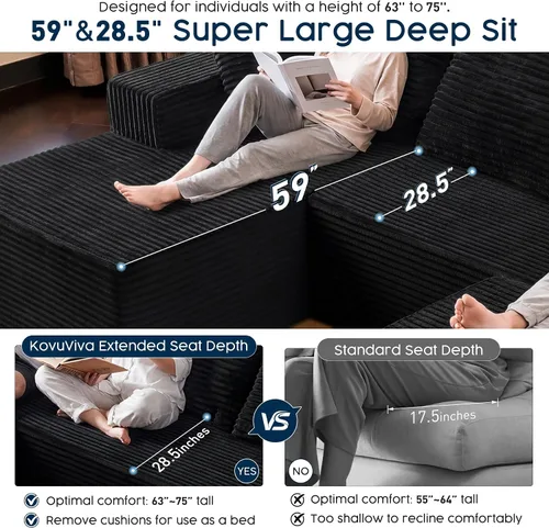 Vista 4 de Sofá modular negro de 108 pulgadas con otomana, sofá en forma de U en forma de nube para sala de estar, no necesita montaje, tela de pana de felpa