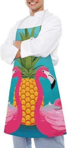 Vista 4 de MUSM Apron for Adults - 27.6 X 31.5 Inch, Heavy-Duty Polyester Aprons with Two Large Pockets, Waterproof Pineapple Flamingo Kitchen Apron for
