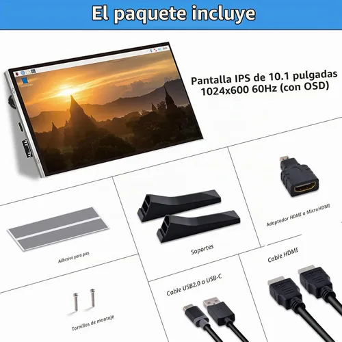 Vista 7 de GeeekPi Pantalla LCD de 10.1 pulgadas para Raspberry Pi, pantalla LCD IPS de 1024 x 600, monitor portátil HDMI para Raspberry Pi 5/Pi