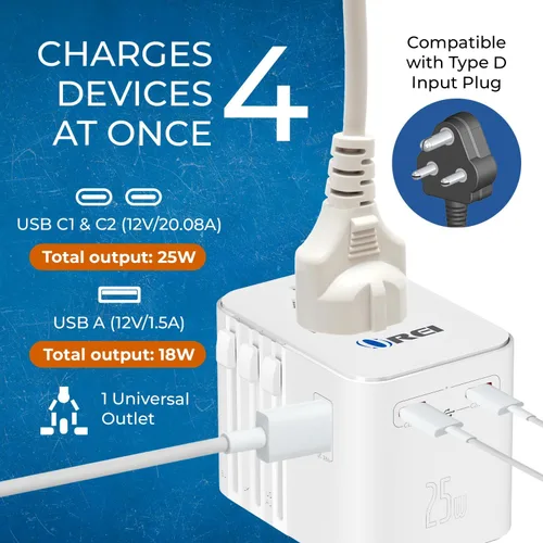 Vista 6 de OREI Adaptador de enchufe World Travel – 2 USB + 1 tomacorrientes universales – Ranuras para Europa, Asia, China, Japón, África – Perfecto