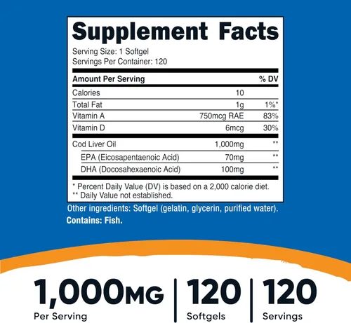 Vista 2 de Nutricost Aceite de hígado de bacalao 1000 mg, 120 cápsulas blandas, sin OMG y sin gluten