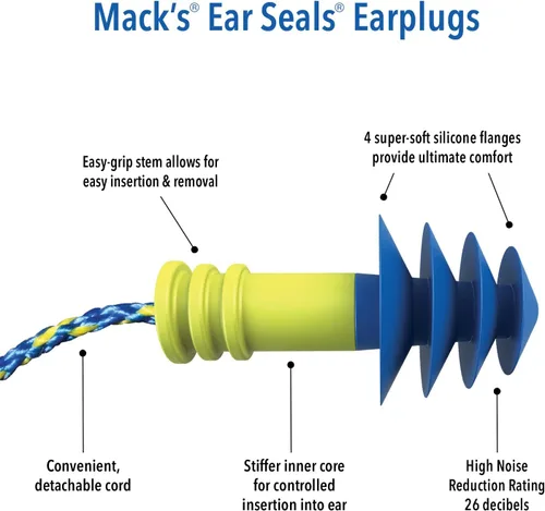 Vista 2 de Mack's Tapones para los oídos, 1 par con cable desmontable, 26 db de alto NRR, cómodos tapones para los oídos con reducción de ruido para disparos