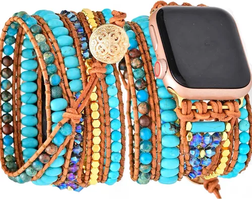 Vista 14 de Correa de reloj de cuerda trenzada con cuentas, estilo bohemio, gira 5 veces, múltiples capas, compatible con reloj Apple Watch de 45 mm, 41 mm, 44