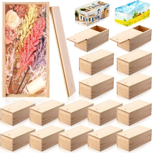 Vista 7 de Suzile 6 cajas de madera sin terminar con tapa deslizante, 7.87 x 3.94 x 3.15 pulgadas, caja de regalo pequeña de madera rectangular para Marrón