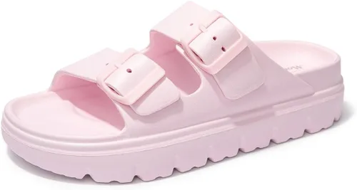 Vista 19 de FUNKYMONKEY - Sandalias bajas cómodas para mujer, hechas de etilvinilacetato, ajustables con hebilla doble