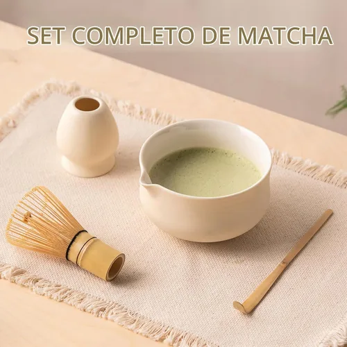 Vista 2 de Ochcahser Juego de matcha de cerámica, incluye cuenco de matcha con boquilla, soporte para batidor de matcha (chasen), batidor de bambú y cuchara