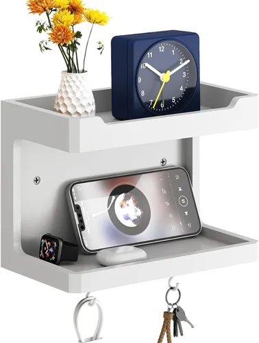 Vista 12 de NiHome Organizador Grande de Mesita de Noche de Madera para Montar en la Pared, Estantes de Almacenamiento Dobles y Ganchos Magnéticos, Estante